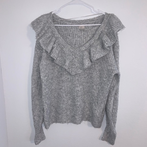 A New Day Ruffle V Neck Soft Cozy Sweater Grey - Picture 3 of 9